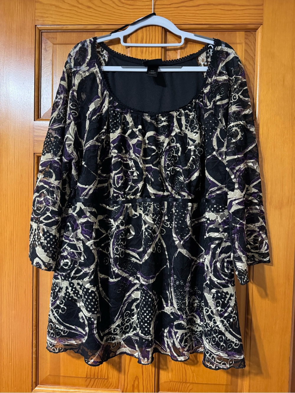 Lane Bryant Black Tunic with Cream Lace and Purple Accents